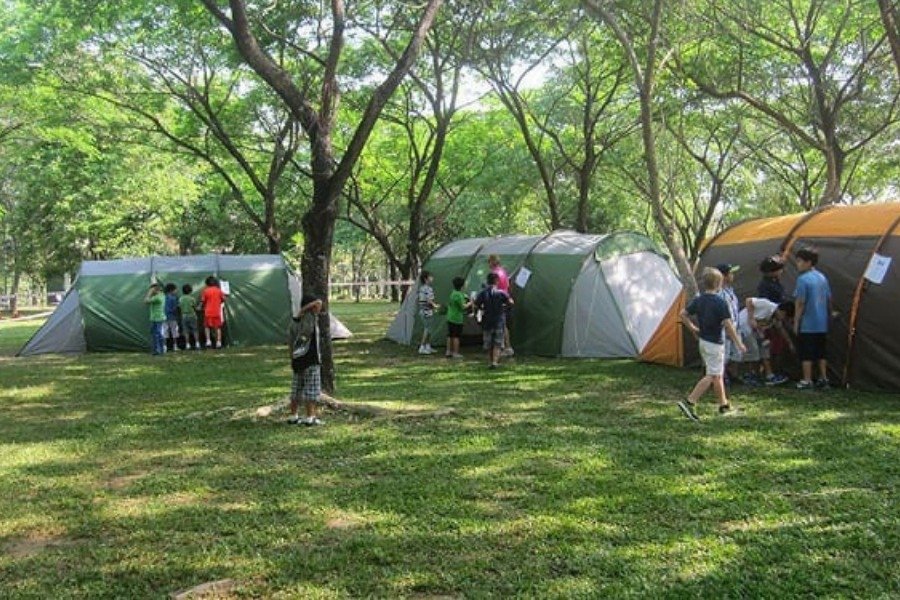 Trại hè ngoài trời với nhóm trẻ em đang vui chơi và khám phá các lều cắm trại dưới tán cây xanh tươi.