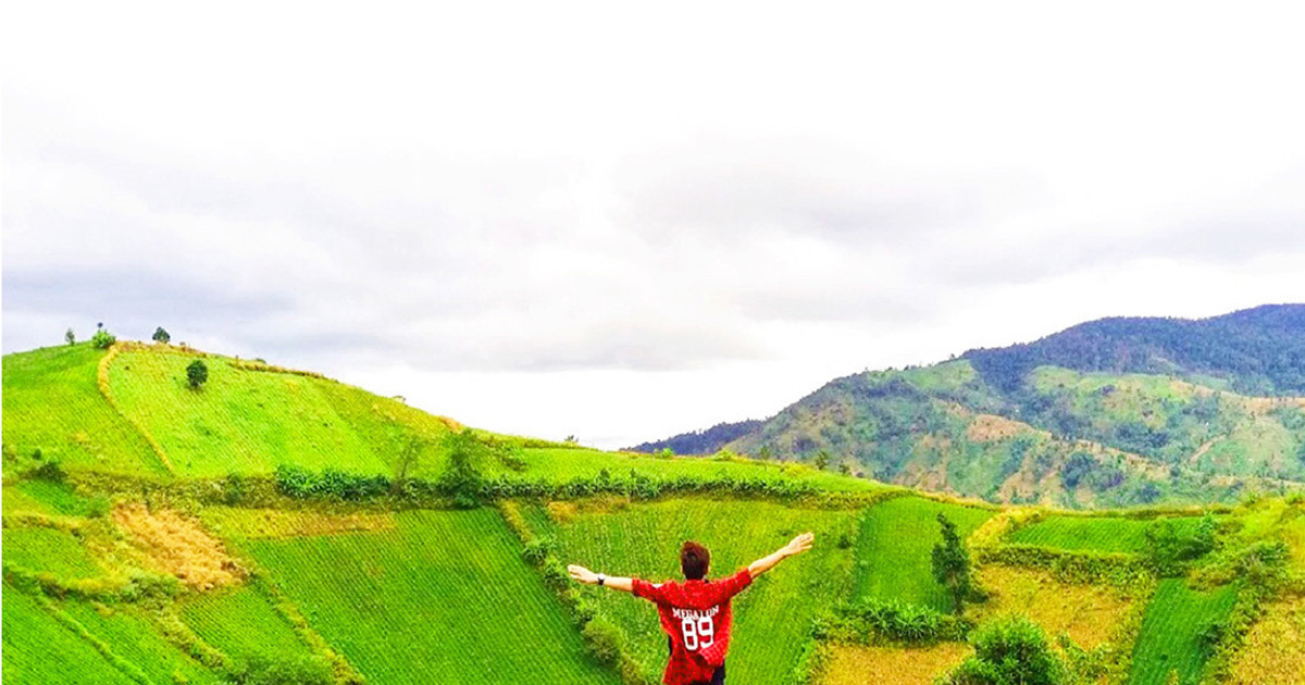 Người đứng với đôi tay giang rộng trên ruộng bậc thang xanh ngát, nền là đồi núi và bầu trời xanh mây trắng.
