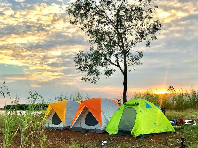 Mẹo Dựng Lều Nhanh Chóng Khi Đi Trekking: Hướng Dẫn Chi Tiết 2 Ba lều cắm trại đa sắc dưới bầu trời hoàng hôn gần cây lớn, tạo khung cảnh thư giãn và hòa mình cùng thiên nhiên.