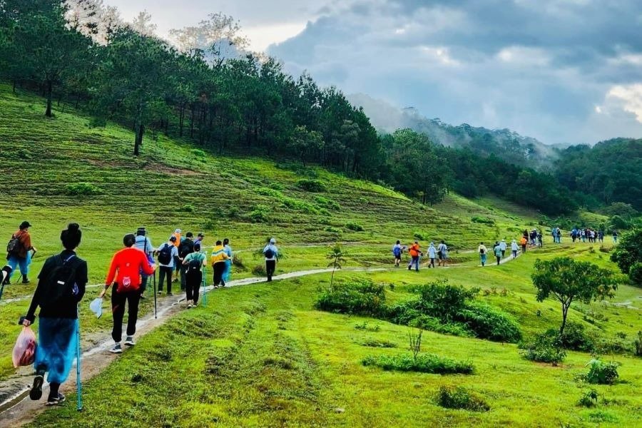 Một nhóm người đang leo núi trên con đường mòn xanh mướt với khung cảnh thiên nhiên tươi đẹp, cây cối và sương mù.