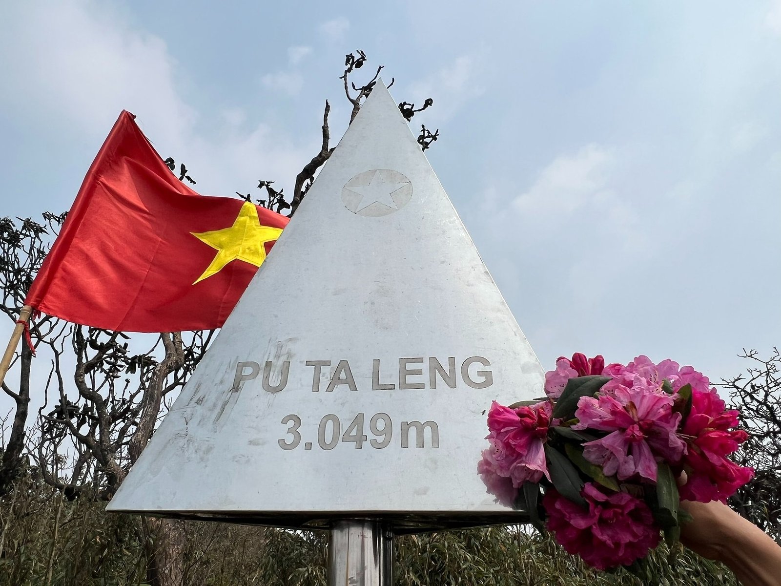 Biển báo đỉnh núi Pu Ta Leng cao 3.049m với lá cờ Việt Nam tung bay và bó hoa đỗ quyên rực rỡ, trời trong xanh.