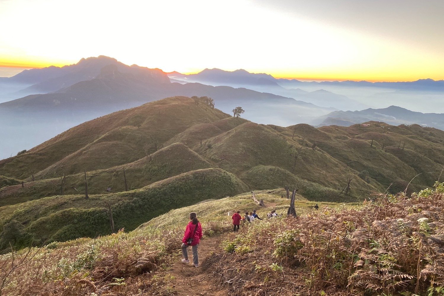 Khung cảnh hùng vĩ của dãy núi trong ánh bình minh, một nhóm người đang leo trên con đường mòn đầy cỏ xanh mướt.