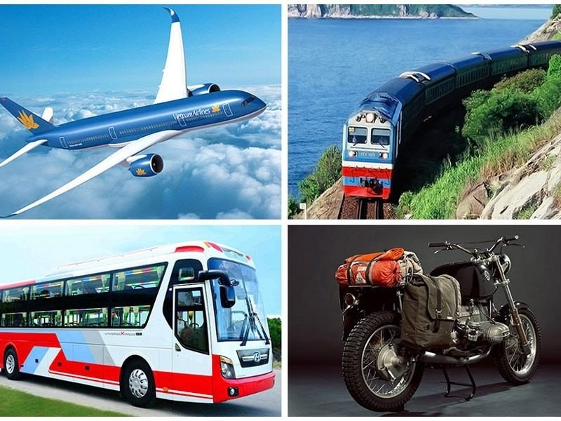 Bốn phương tiện giao thông: máy bay, tàu hỏa, xe buýt và xe máy, minh họa các phương án di chuyển phổ biến.