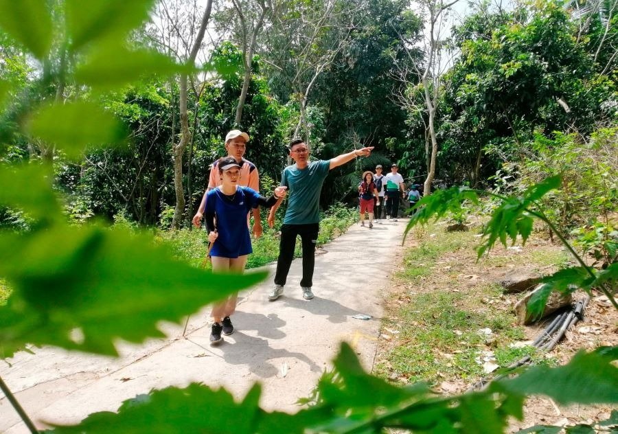 Nhóm người đi bộ trên đường mòn giữa rừng cây xanh, một người hướng dẫn đang chỉ dẫn đường đi phía trước.
