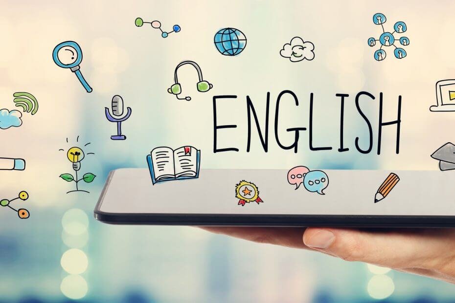 Hình minh họa với chữ ENGLISH và các biểu tượng liên quan đến học tập như sách, kính lúp, và bút, trên nền bàn tay.